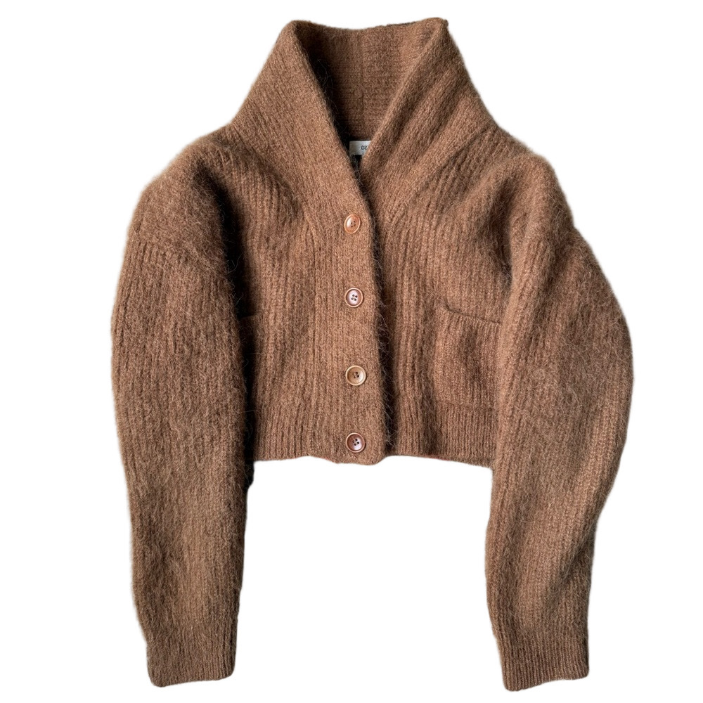 OZMA Cropped Mohair-Blend Cardigan in Warm Brown